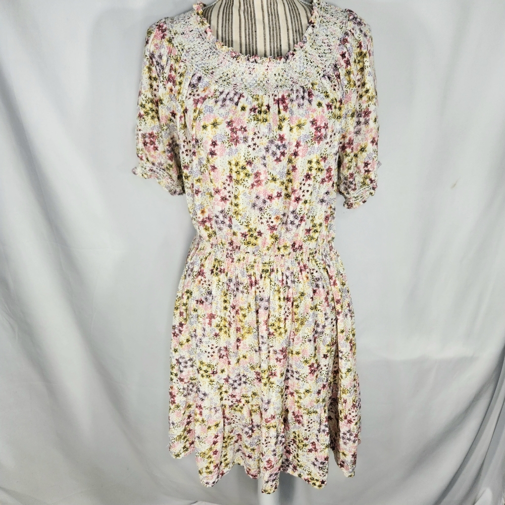 Old Navy White Multi Floral Print Short Blouson Sleeves Dress Size Medium